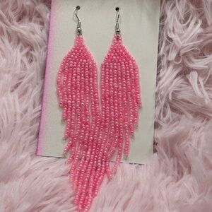 Long Pink Seed Bead Fringe Earrings